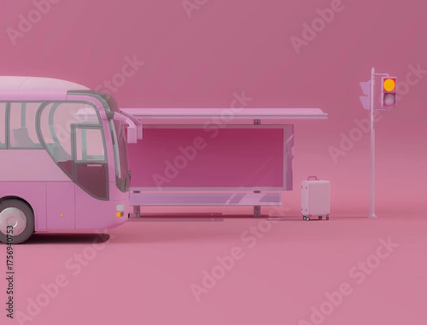 Obraz City bus and luggage, street light on pink background. Creative composition. Light background with copy space. 3D render for web page, presentation, studio.