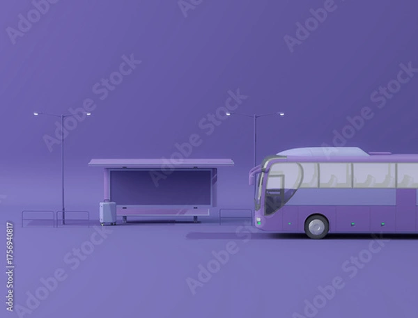 Obraz City bus and luggage, street light on blue purple background. Creative composition. Light background with copy space. 3D render for web page, presentation, studio.
