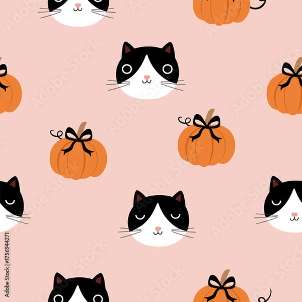 Obraz seamless  black white cat head  pattern with pumpkin and bow , vector , illustration