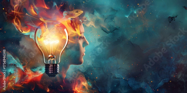 Fototapeta Creative idea concept - profile of a man with a glowing light bulb in his head, abstract thinking, inspiration and innovation.  Brain glowing with ideas - artistic depiction of creative thinking