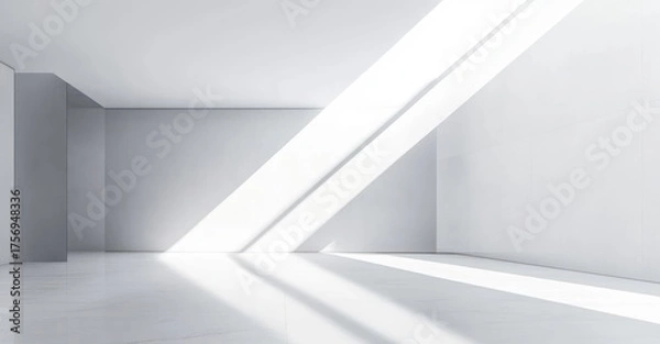 Fototapeta Bright empty modern interior space with smooth white walls and floor illuminated by strong angled sunlight creating sharp shadows