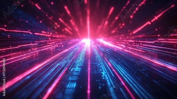 Fototapeta Bright neon blue and pink glowing lines converging towards a bright focal point on a dark background creating a futuristic high-speed energy effect