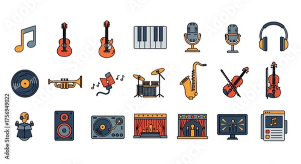 Fototapeta Collection of Musical Instruments and Audio Equipment Icons.