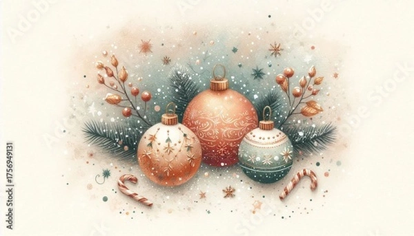 Obraz Minimalist watercolor illustration of Festive holiday ornaments with winter snow on a textured backdrop