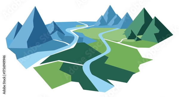 Fototapeta Stylized Landscape with Mountains and River.