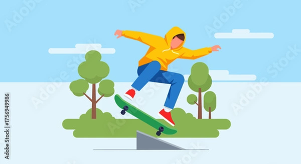 Obraz Teenager in a yellow hoodie doing a skateboard jump in a park.