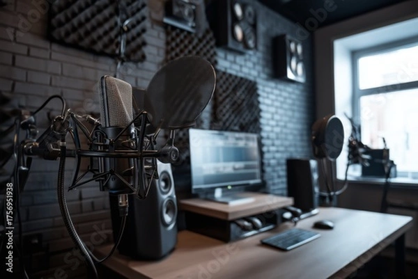 Fototapeta Contemporary podcast recording space featuring a microphone arm, studio-quality speakers, and sizable acoustic panels for optimal audio quality