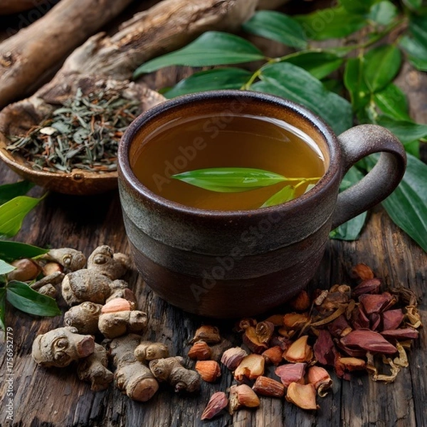 Fototapeta 허브와 향신료가 놓인 따뜻한 허브차