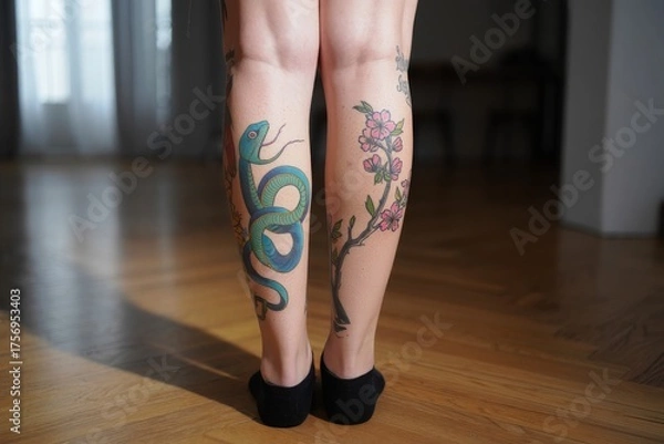 Fototapeta Elegant Snake and Floral Tattoo Art on Lower Legs Showcasing a Blend of Nature and Body Art