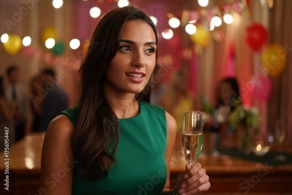 Fototapeta Celebration Moments: A Young Woman in Green Enjoys a Sparkling Toast Amidst a Joyful Party Atmosphere