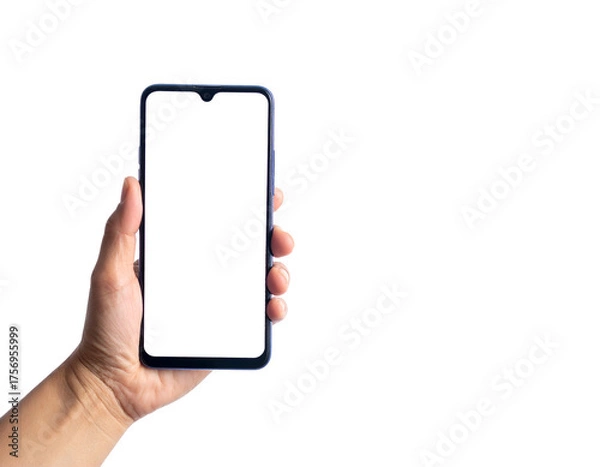 Obraz A hand holding a mobile phone with a blank white screen against a black backdrop