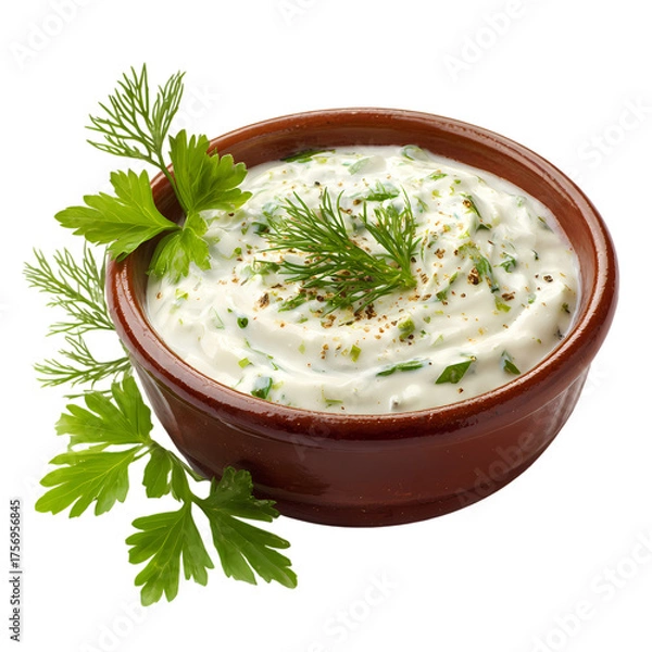 Fototapeta Creamy Sauce In Wooden Bowl With Herbs isolated on transparent background