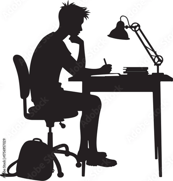 Obraz Silhouette of a young man studying at a desk with a lamp