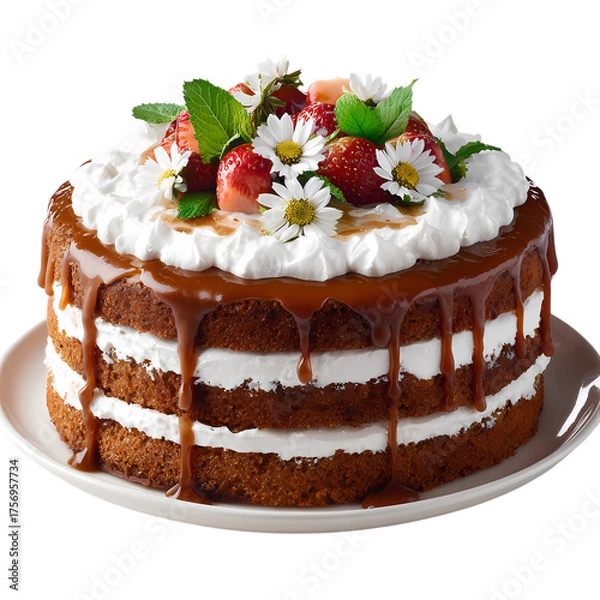 Fototapeta Delicious chocolate layer cake with fresh strawberries and whipped cream isolated on transparent background