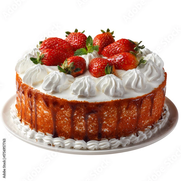 Fototapeta Delicious chocolate layer cake with fresh strawberries and whipped cream isolated on transparent background