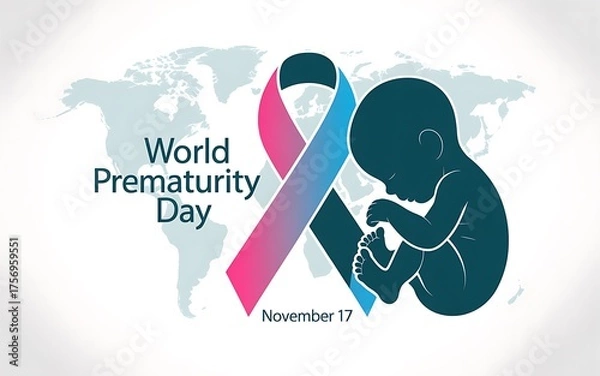 Obraz World prematurity day awareness ribbon and baby silhouette on world map