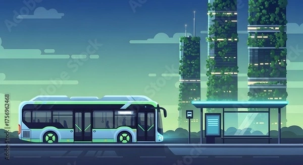 Fototapeta Modern Electric Bus at Night in Futuristic City with Green Vertical Gardens and Bus Stop