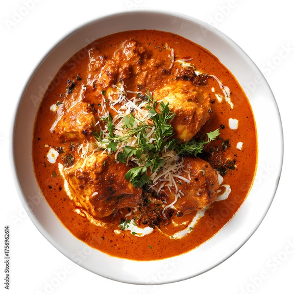 Fototapeta Delicious bowl of Chicken Tikka Masala with fresh cilantro and red peppers isolated on transparent background