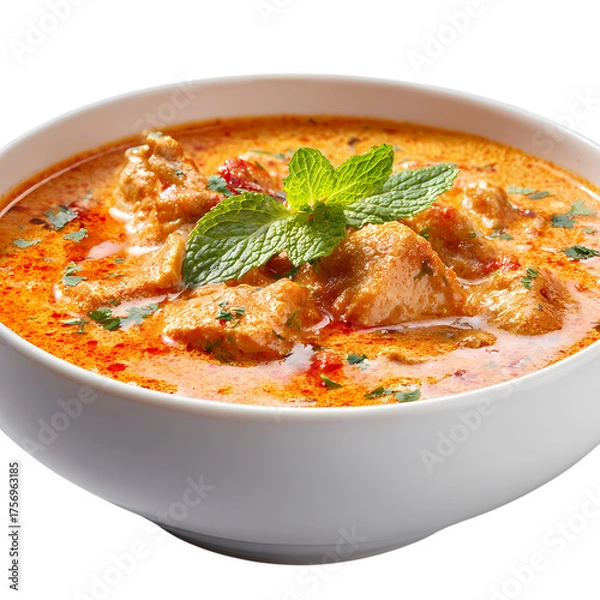 Fototapeta Delicious bowl of Chicken Tikka Masala with fresh cilantro and red peppers isolated on transparent background