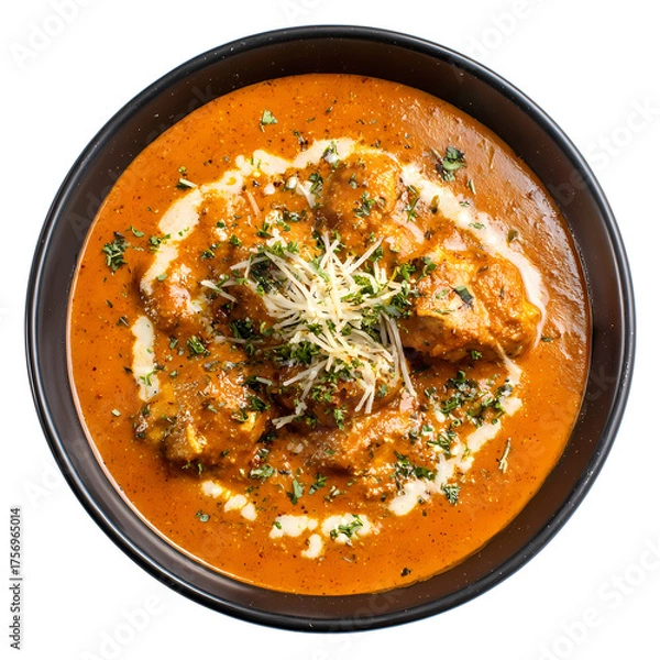 Fototapeta Delicious bowl of Chicken Tikka Masala with fresh cilantro and red peppers isolated on transparent background