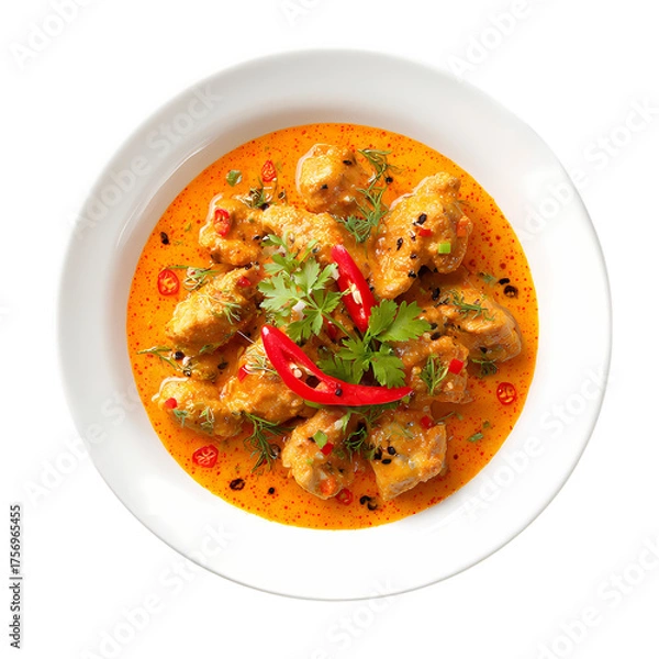 Fototapeta Delicious bowl of Chicken Tikka Masala with fresh cilantro and red peppers isolated on transparent background