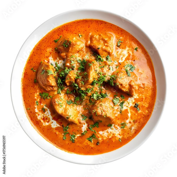 Fototapeta Delicious bowl of Chicken Tikka Masala with fresh cilantro and red peppers isolated on transparent background