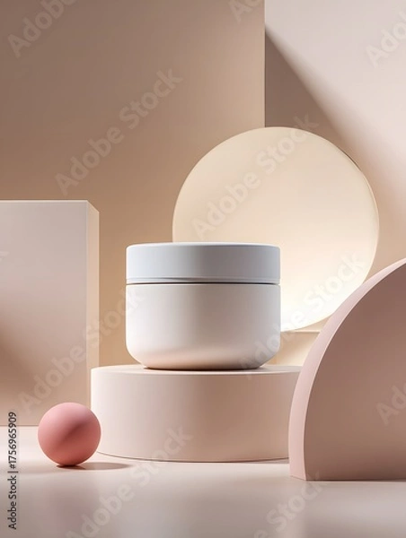 Fototapeta Mockup of a jar with cosmetic cream on a pastel background with abstract geometric shapes.