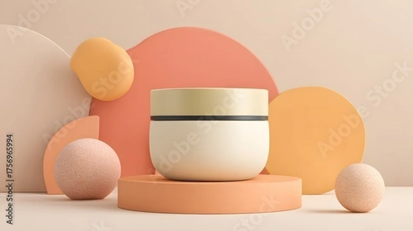 Fototapeta Mockup of a jar with cosmetic cream on a pastel background with abstract geometric color shapes.