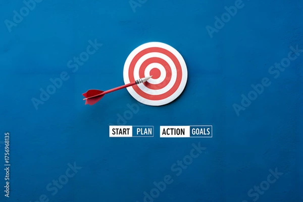 Fototapeta Red target with arrow and motivation text on blue background, business goal concept