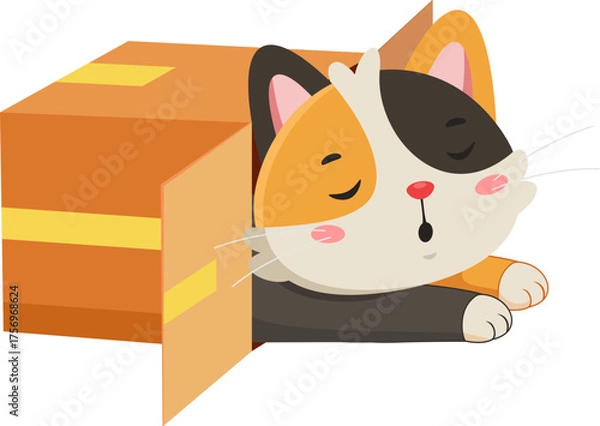 Fototapeta Sleepy Cute Cat Cartoon Character Resting Inside Cardboard Box – Vector Illustration Flat Design Isolated On Transparent Background