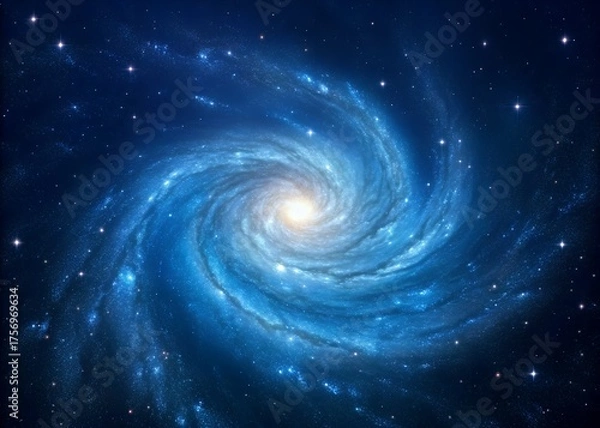 Fototapeta Dynamic Blue Swirling Galaxy with Stars and Energy Vortex in Deep Space, Perfect for Sci-Fi and Fantasy Themes in Visual Art and Design Projects