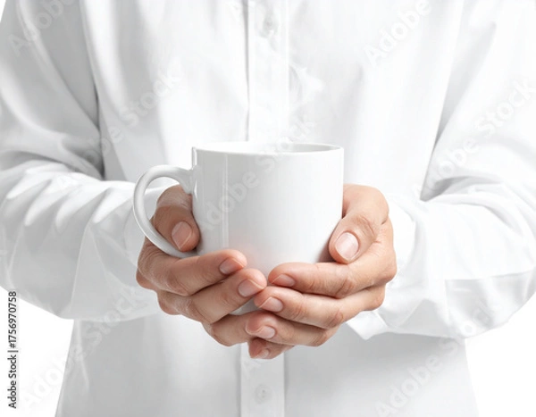 Obraz Hands Holding Warm Mug with Steam on Ultra-Clean White Background