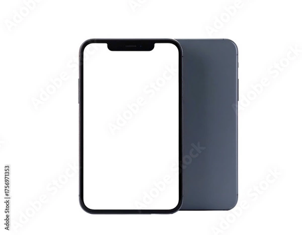 Fototapeta Two smartphones, one facing front with a black screen, the other showing the back