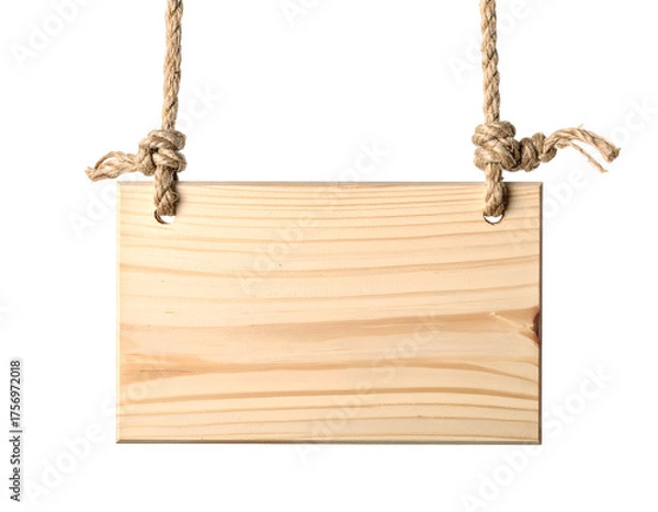 Fototapeta A rectangular wooden sign, hanging from two knotted ropes, isolated on a transparent background