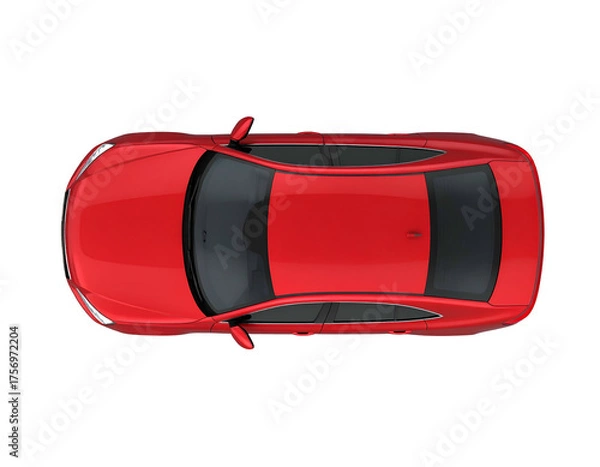 Fototapeta Top-down view of a sleek, bright red sedan against a stark black background