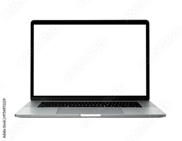 Fototapeta Modern, silver-colored laptop with a bright, empty screen, set against a black background