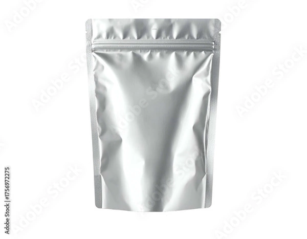 Fototapeta A silver, sealed, vertically oriented food packaging pouch against a black background
