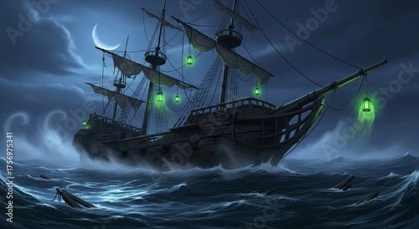 Fototapeta Ghostly Pirate Ship Sailing on Dark Blue Ocean Under Crescent Moon with Green Lanterns Glow