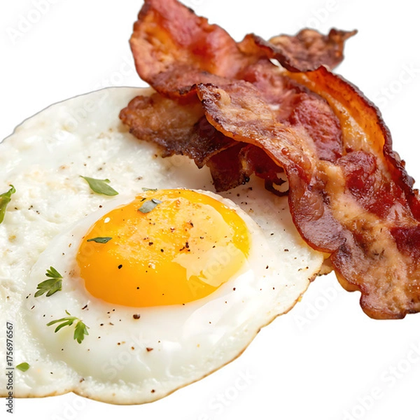 Fototapeta Crispy bacon strips served with fried egg on dark background