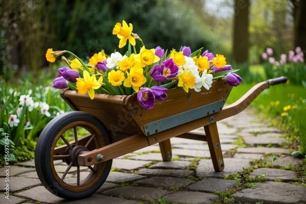 Fototapeta Beautifully Arranged Wheelbarrow Filled with Colorful Spring Flowers in a Serene Garden Setting