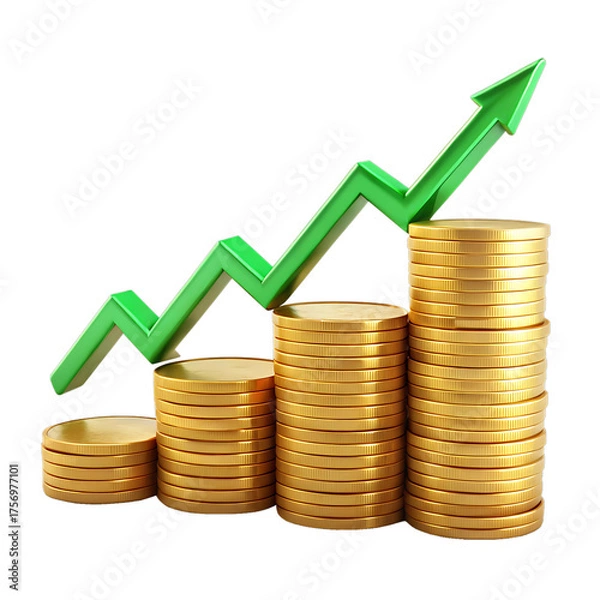 Fototapeta Stacks of gold coins with upward trending green arrow on black background