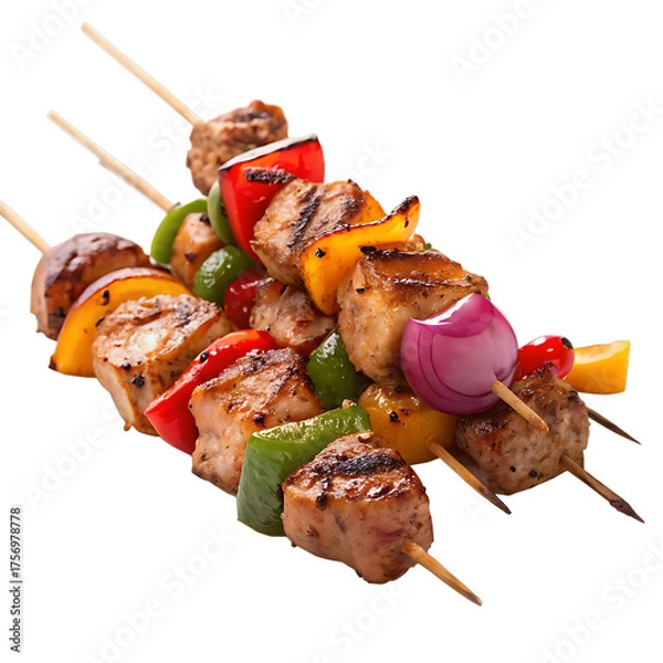 Fototapeta Delicious Grilled Meat and Vegetable Skewers on a Black Background Ready to Eat