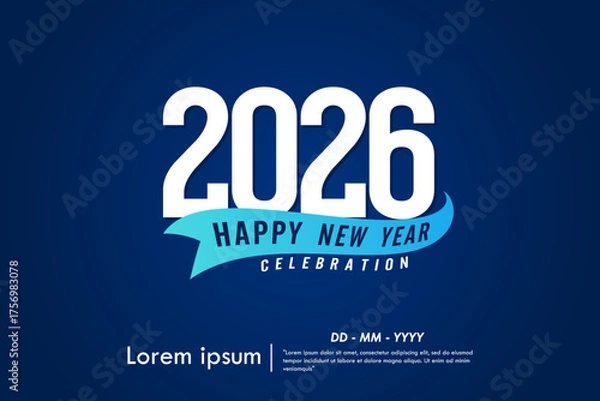 Obraz 2026 Happy New Year celebration isolated with blue ribbon on blue background. vector illustration template design for web