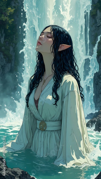 Fototapeta Mythical Elf Character in Flowing Robes by the Waterfall