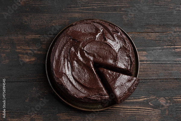 Fototapeta Chocolate brownie cake with rich chocolate topping