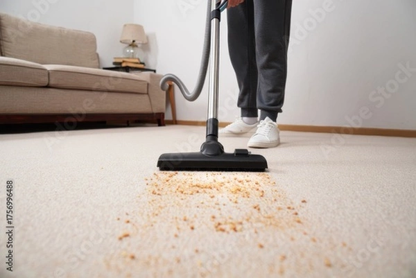 Fototapeta A Focused Individual Engaging in Carpet Cleaning with a Vacuum Cleaner, Removing Small Debris and Maintaining Home Hygiene