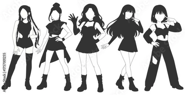 Obraz Set silhouette illustrations of kpop idols singing and dancing on stage. Flat vector kpop music star. Modern group dancers with various different styles, poses and choreography. Korean pop cultures.