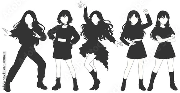 Obraz Set silhouette illustrations of kpop idols singing and dancing on stage. Flat vector kpop music star. Modern group dancers with various different styles, poses and choreography. Korean pop cultures.