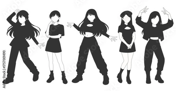 Obraz Set silhouette illustrations of kpop idols singing and dancing on stage. Flat vector kpop music star. Modern group dancers with various different styles, poses and choreography. Korean pop cultures.