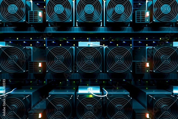 Obraz element projektu. Ilustracja 3D. wykonanie. ciemna farma wydobywcza kryptowaluty bitcoin 3d kolor tła